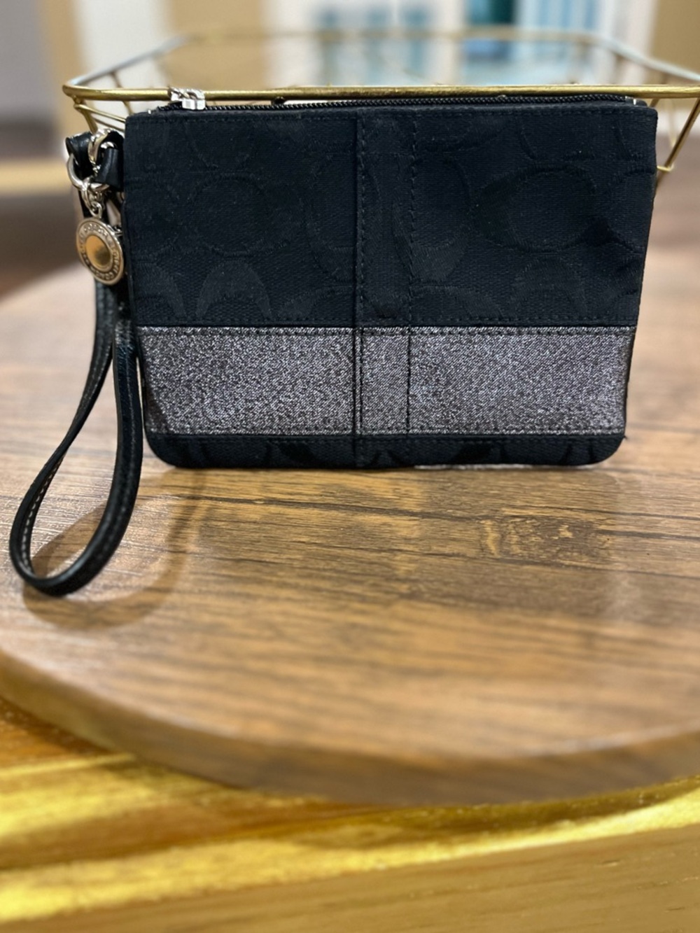 Coach Black Signature Wristlet Wallet Metallic Stripe Zip Pouch
